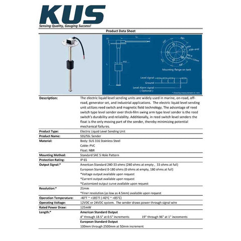 8.5" Fuel Tank Sender For 10" Tank Depth Single Station 316 Stainless KUS-151329