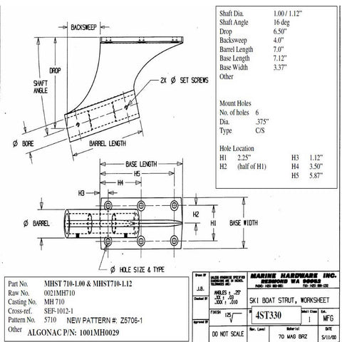 Strut - Sanger 16 Degree 1-1/8 Inch Shaft 6 Hole Pattern - Includes Strut Bearings MH-710-1.12