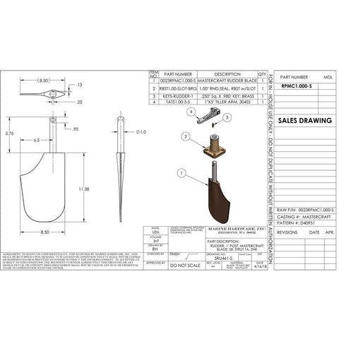 Rudder Assembly Mastercraft 1987 - 2015 - Flat Tiller Arm Keyed Port Or Starboard