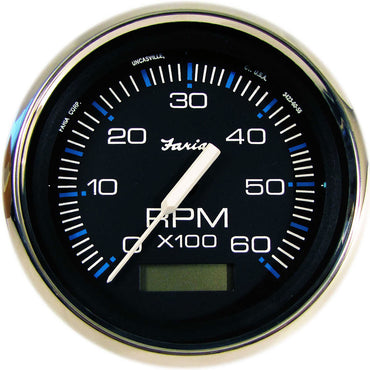 4 in. Faria gauge with digital Hourmeter displays the revolutions per minute of an inboard or I/O gasoline marine engine.