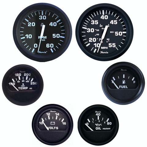 Gauge Set Euro Black Inboard - 6 Set Faria Beede Instruments